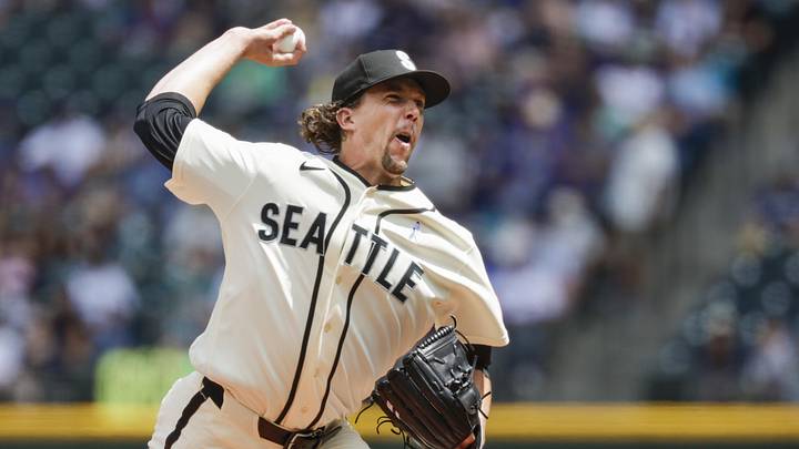 Jun 21, 2026; Seattle, Washington, USA; Seattle Mariners starting pitcher Logan Gilbert (36) throws against the Boston Red Sox during the first inning at T-Mobile Park. Mandatory Credit: Joe Nicholson-Imagn Images
