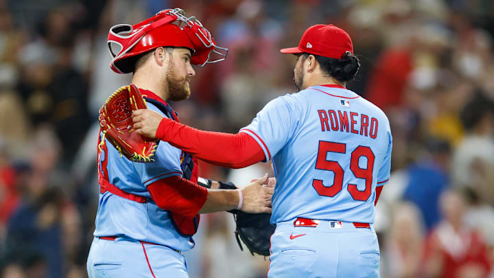Aug 2, 2025; San Diego, California, USA; St. Louis Cardinals relief pitcher JoJo Romero (59) celebrates with catcher Pedro Pages (43) after defeating the San Diego Padres at Petco Park. Mandatory Credit: David Frerker-Imagn Images Aug 2, 2025; San Diego, California, USA; St. Louis Cardinals relief pitcher JoJo Romero (59) celebrates with catcher Pedro Pages (43) after defeating the San Diego Padres at Petco Park. Mandatory Credit: David Frerker-Imagn Images
