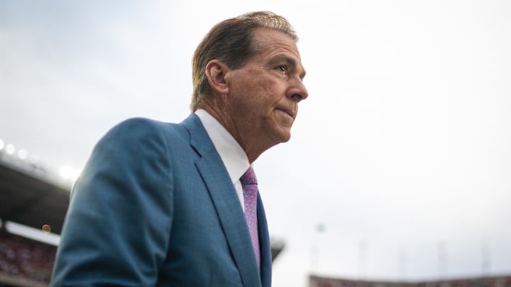 Sep 28, 2024; Tuscaloosa, Alabama, USA; Former Alabama Crimson Tide head coach Nick Saban walks onto the field before a game between the Crimson Tide and Georgia Bulldogs at Bryant-Denny Stadium. Mandatory Credit: Will McLelland-Imagn Images Sep 28, 2024; Tuscaloosa, Alabama, USA; Former Alabama Crimson Tide head coach Nick Saban walks onto the field before a game between the Crimson Tide and Georgia Bulldogs at Bryant-Denny Stadium. Mandatory Credit: Will McLelland-Imagn Images