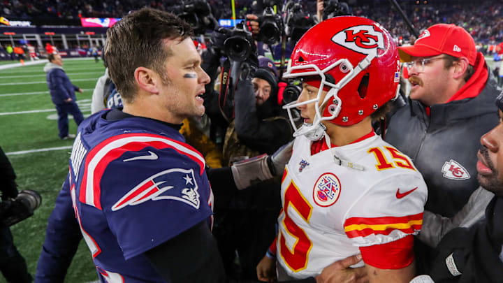 Dec 8, 2019; Foxborough, MA, USA; New England Patriots quarterback Tom Brady (12) and Kansas City Chiefs quarterback Patrick Mahomes (15) after the game at Gillette Stadium. Mandatory Credit: Paul Rutherford-Imagn Images Dec 8, 2019; Foxborough, MA, USA; New England Patriots quarterback Tom Brady (12) and Kansas City Chiefs quarterback Patrick Mahomes (15) after the game at Gillette Stadium. Mandatory Credit: Paul Rutherford-Imagn Images