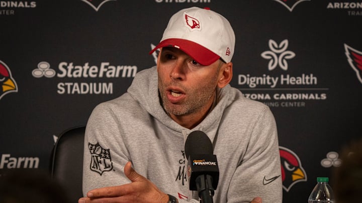 Cardinals head coach Jonathan Gannon talks with the media at the Arizona Cardinals training center in Tempe on May 9,2025.
