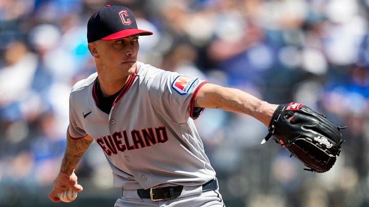 May 7, 2026: Cleveland Guardians pitcher Connor Brogdon (75) pitches during the sixth inning against the Kansas City Royals at Kauffman Stadium. Credit: Jay Biggerstaff-Imagn Images