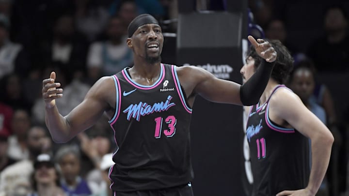 Mar 6, 2026; Charlotte, North Carolina, USA; Miami Heat center Bam Adebayo (13) reacts after being called for a foul during the first half against the Charlotte Hornets at the Spectrum Center. Mar 6, 2026; Charlotte, North Carolina, USA; Miami Heat center Bam Adebayo (13) reacts after being called for a foul during the first half against the Charlotte Hornets at the Spectrum Center.