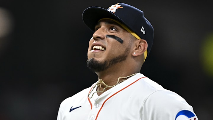 Jun 25, 2025; Houston, Texas, USA; Houston Astros third baseman Isaac Paredes (15) looks on in the third inning against the Philadelphia Phillies at Daikin Park. Mandatory Credit: Maria Lysaker-Imagn Images 