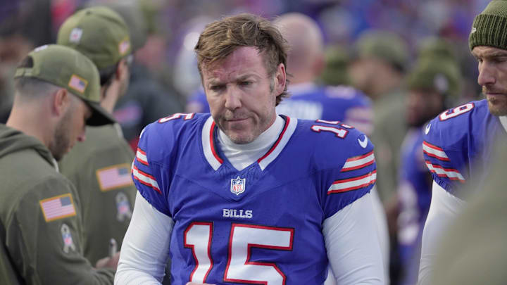 Buffalo Bills place kicker Matt Prater walks over to the bench during first half action against the Kansas City Chiefs at Highmark Stadium in Orchard Park on Nov. 2, 2025.
