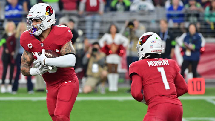 Jan 7, 2024; Glendale, Arizona, USA; Arizona Cardinals running back James Conner (6) takes a handoff from quarterback Kyler Murray (1) in the first half against the Seattle Seahawks at State Farm Stadium. Mandatory Credit: Matt Kartozian-Imagn Images Jan 7, 2024; Glendale, Arizona, USA; Arizona Cardinals running back James Conner (6) takes a handoff from quarterback Kyler Murray (1) in the first half against the Seattle Seahawks at State Farm Stadium. Mandatory Credit: Matt Kartozian-Imagn Images