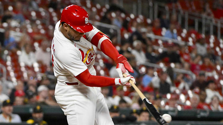 Aug 26, 2025; St. Louis, Missouri, USA; St. Louis Cardinals first baseman Willson Contreras (40) drives in a run as he grounds out against the Pittsburgh Pirates during the sixth inning at Busch Stadium. Mandatory Credit: Jeff Curry-Imagn Images Aug 26, 2025; St. Louis, Missouri, USA; St. Louis Cardinals first baseman Willson Contreras (40) drives in a run as he grounds out against the Pittsburgh Pirates during the sixth inning at Busch Stadium. Mandatory Credit: Jeff Curry-Imagn Images