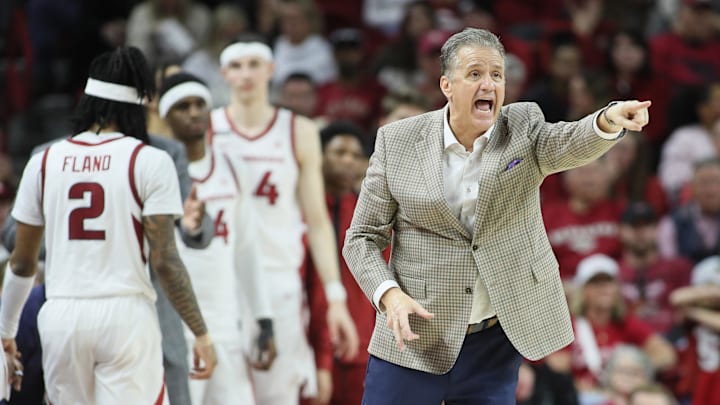 Jan 11, 2025; Fayetteville, Arkansas, USA; Arkansas Razorbacks head coach John Calipari reacts during the second half against the Florida Gators at Bud Walton Arena. Florida won 71-63. Mandatory Credit: Nelson Chenault-Imagn Images