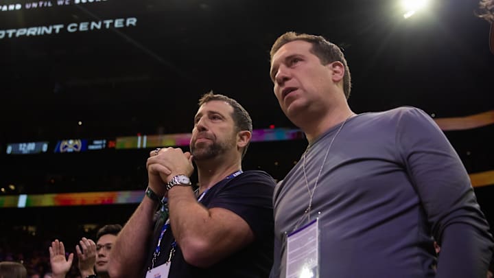 May 5, 2023; Phoenix, Arizona, USA; Phoenix Suns owner Mat Ishbia (right) and brother Justin Ishbia (left) during the game against the Denver Nuggets in game three of the 2023 NBA playoffs at Footprint Center. Mandatory Credit: Mark J. Rebilas-Imagn Images