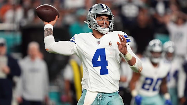 Dec 24, 2023; Miami Gardens, Florida, USA; Dallas Cowboys quarterback Dak Prescott (4) attempts a