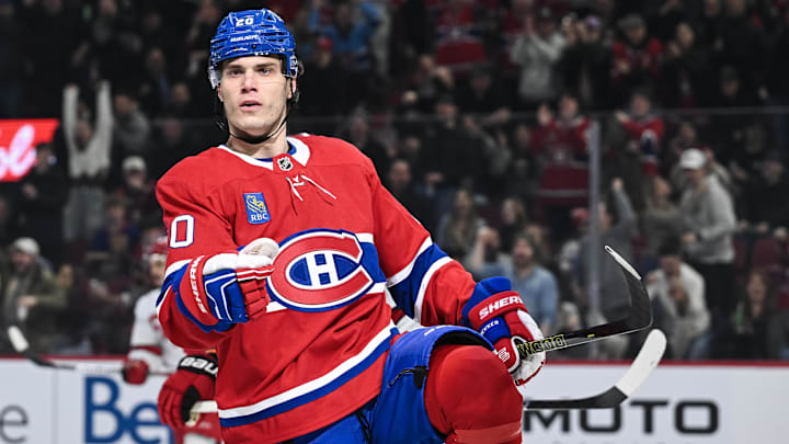 Feb 25, 2025; Montreal, Quebec, CAN; Montreal Canadiens left wing Juraj Slafkovsky (20) reacts after scoring a goal against the Carolina Hurricanes in the first period at Bell Centre. Mandatory Credit: David Kirouac-Imagn Images