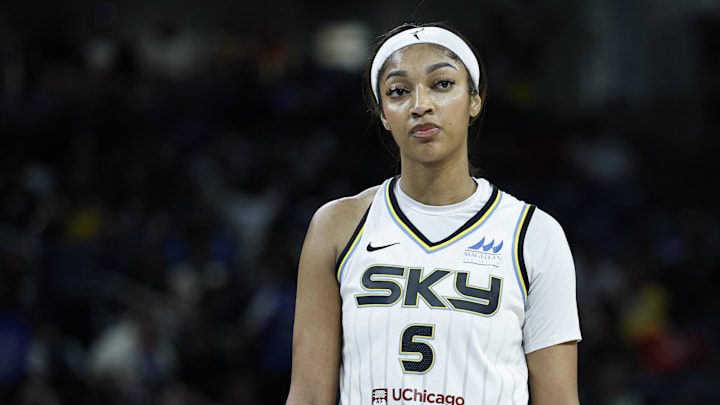 Aug 23, 2025; Chicago, Illinois, USA; Chicago Sky forward Angel Reese (5) stands on the court during the second half of a WNBA game against the Connecticut Sun at Wintrust Arena. Mandatory Credit: Kamil Krzaczynski-Imagn Images Aug 23, 2025; Chicago, Illinois, USA; Chicago Sky forward Angel Reese (5) stands on the court during the second half of a WNBA game against the Connecticut Sun at Wintrust Arena. Mandatory Credit: Kamil Krzaczynski-Imagn Images