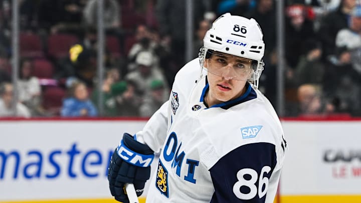 Feb 13, 2025; Montreal, Quebec, CAN; [Imagn Images direct customers only] Team Finland forward Teuvo Teravainen (86) looks on in warm-up before the game against Team USA during a 4 Nations Face-Off ice hockey game at Bell Centre. Mandatory Credit: David Kirouac-Imagn Images