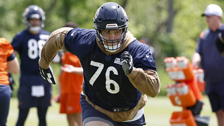 May 31, 2024; Lake Forest, IL, USA; Chicago Bears offensive tackle Teven Jenkins (76) runs during organized team activities at Halas Hall. Mandatory Credit: Kamil Krzaczynski-Imagn Images