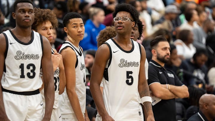 Sierra Canyon’s Bryce James (5), the son of NBA player LeBron James, stands with his teammates by the bench before the game between Sierra Canyon and Bartlett High School.