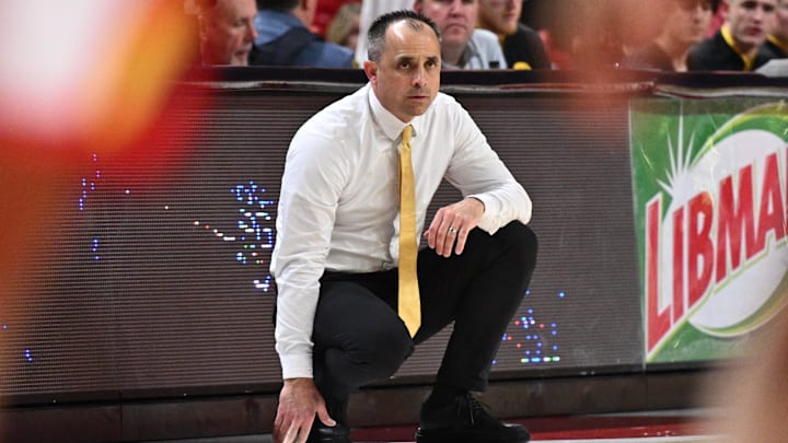 Feb 11, 2026; College Park, Maryland, USA;  Iowa Hawkeyes head coach Ben McCollum watches his team play against the Maryland Terrapins in the second half at Xfinity Center. Mandatory Credit: Jamie Sabau-Imagn Images