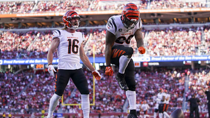 October 29, 2023; Santa Clara, California, USA; Cincinnati Bengals running back Joe Mixon (28) celebrates in front of wide receiver Trenton Irwin (16) for scoring a touchdown against the San Francisco 49ers during the fourth quarter at Levi's Stadium. Mandatory Credit: Kyle Terada-Imagn Images
