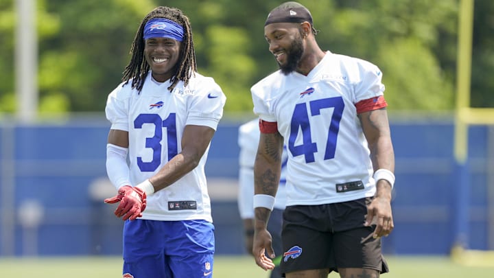 Buffalo Bills cornerbacks Maxwell Hairston and Christian Benford during minicamp at Highmark Stadium.