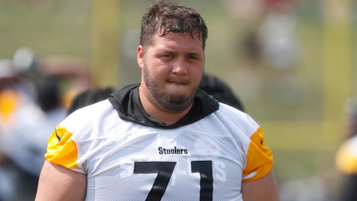 Jul 27, 2023; Latrobe, PA, USA;  Pittsburgh Steelers guard Nate Herbig (71) participates in drills during training camp at Saint Vincent College. Mandatory Credit: Charles LeClaire-USA TODAY Sports