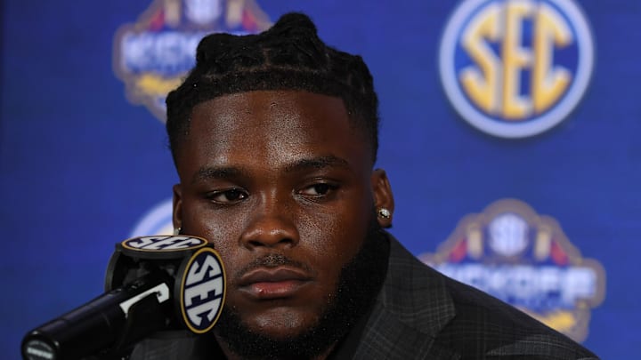 South Carolina football running back Rocket Sanders at 2023 SEC Media Days when he was a member of the Arkansas Razorbacks.