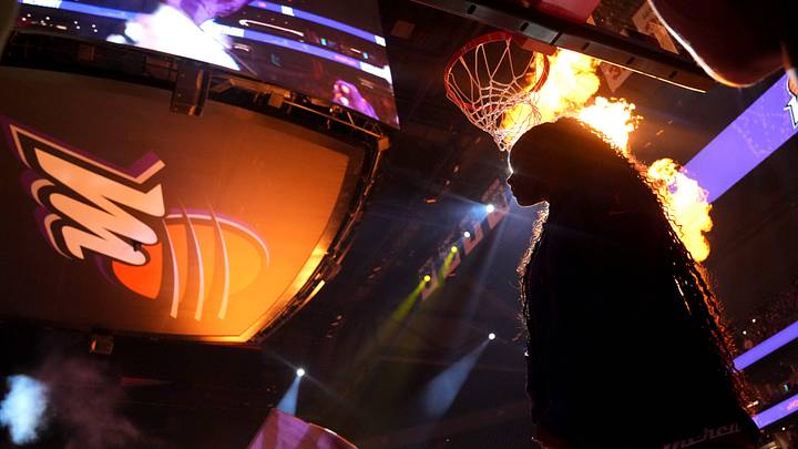 Mercury players are introduced before their game against the New York Liberty at PHX Arena on Aug 30, 2025, in Phoenix.