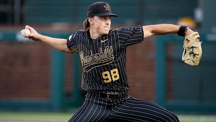 Vanderbilt pitcher Greysen Carter (98) throws a pitch against Missouri during the fourth inning at Hawkins Field in Nashville, Tenn., Thursday, March 28, 2024.