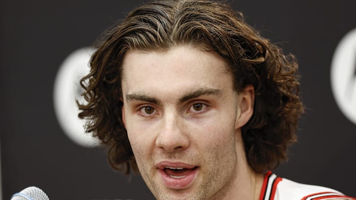 Sep 30, 2024; Chicago, Il, USA; Chicago Bulls guard Josh Giddey (3) speaks to the press during media day. Mandatory Credit: Kamil Krzaczynski-Imagn Images