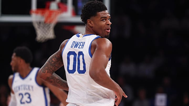 Nov 18, 2025; New York, New York, USA; Kentucky Wildcats guard Otega Oweh (00) reacts after a basket during the first half against the Michigan State Spartans at Madison Square Garden. Mandatory Credit: Vincent Carchietta-Imagn Images