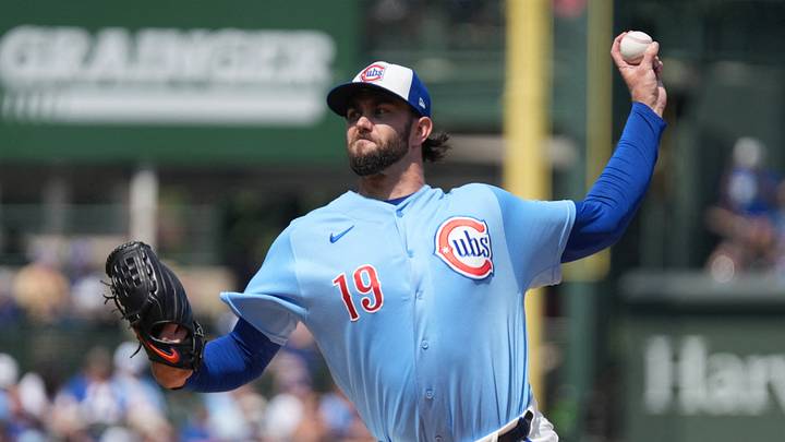 Aug 28, 2026; Chicago, Illinois, USA; Chicago Cubs pitcher David Peterson (19) throws the ball against the Cincinnati Reds during the first inning at Wrigley Field. Mandatory Credit: David Banks-Imagn Images