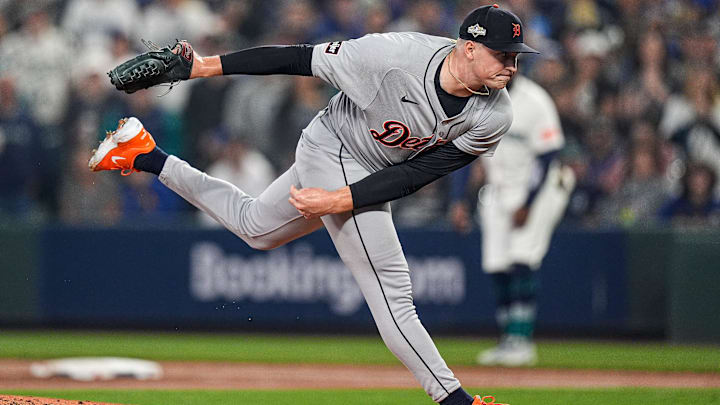 Tigers pitcher Tarik Skubal throws against Mariners during the first inning of ALDS Game 5 at T-Mobile Park in Seattle on Friday, Oct. 10, 2025.