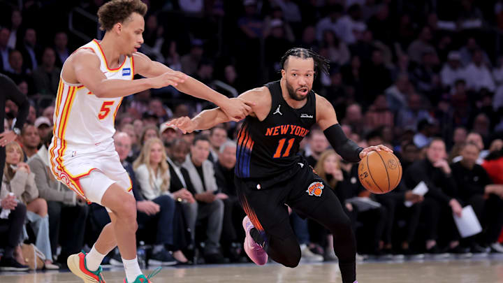 Apr 28, 2026; New York, New York, USA; New York Knicks guard Jalen Brunson (11) controls the ball against Atlanta Hawks guard Dyson Daniels (5) during the second quarter of game five of the first round of the 2026 NBA Playoffs at Madison Square Garden. Mandatory Credit: Brad Penner-Imagn Images