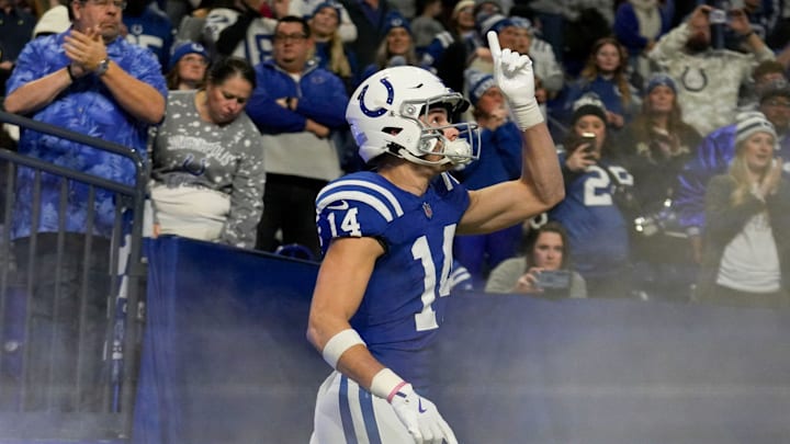 Indianapolis Colts wide receiver Alec Pierce (14) takes the field Sunday, Jan. 5, 2025, before a game against the Jacksonville Jaguars at Lucas Oil Stadium in Indianapolis.