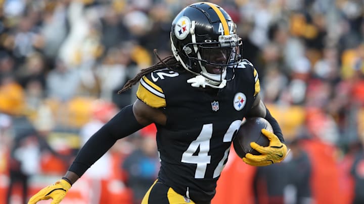 Dec 8, 2024; Pittsburgh, Pennsylvania, USA; Pittsburgh Steelers cornerback James Pierre (42) reacts after an interception against the Cleveland Browns during the fourth quarter at Acrisure Stadium. Dec 8, 2024; Pittsburgh, Pennsylvania, USA; Pittsburgh Steelers cornerback James Pierre (42) reacts after an interception against the Cleveland Browns during the fourth quarter at Acrisure Stadium.