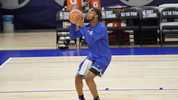 Bronny James participates in the 2024 NBA Draft Combine.
