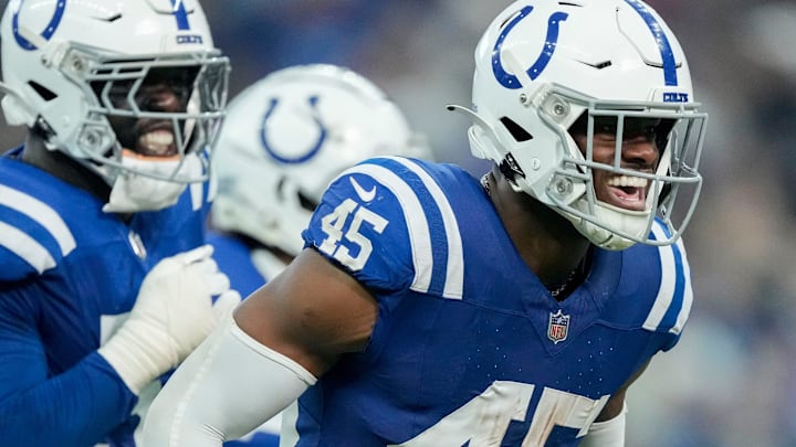Indianapolis Colts linebacker E.J. Speed (45) celebrates after making an interception Sunday, Nov. 10, 2024, during a game against the Buffalo Bills at Lucas Oil Stadium in Indianapolis.