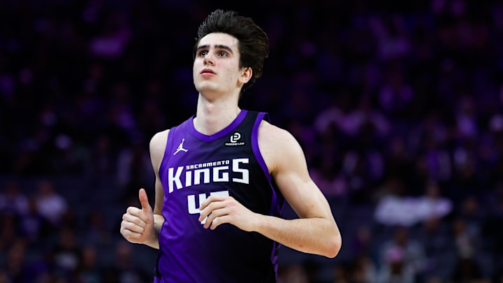 Feb 6, 2026; Sacramento, California, USA; Sacramento Kings center Maxime Raynaud (42) runs up the court during the second quarter against the Los Angeles Clippers at Golden 1 Center. Mandatory Credit: Sergio Estrada-Imagn Images