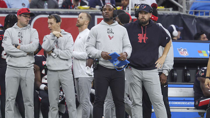 Dec 15, 2024; Houston, Texas, USA; Houston Texans head coach DeMeco Ryans looks on from the sideline during the fourth quarter against the Miami Dolphins at NRG Stadium.