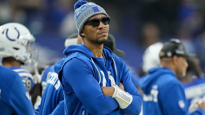Indianapolis Colts quarterback Anthony Richardson (5) watches the action on the field from the sideline Sunday, Dec. 28, 2025, during a game against the Jacksonville Jaguars at Lucas Oil Stadium in Indianapolis.