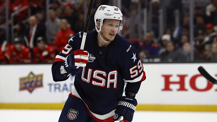 Feb 20, 2025; Boston, MA, USA; [Imagn Images direct customers only] United States forward Jake Guentzel (59) during the 4 Nations Face-Off ice hockey championship game against Canada at TD Garden. Mandatory Credit: Winslow Townson-Imagn Images