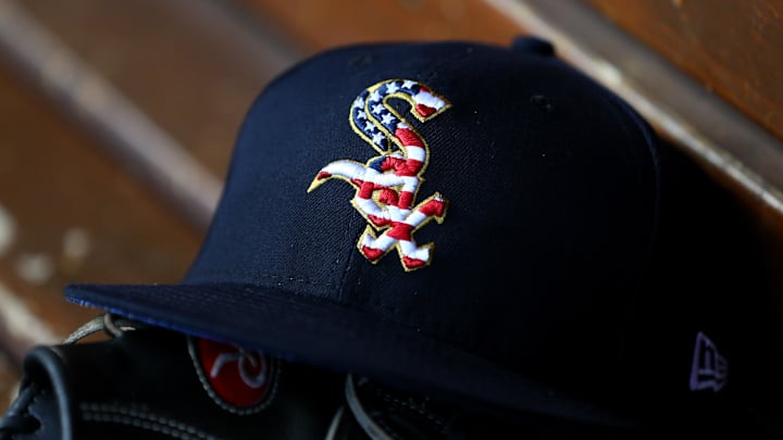 Jul 3, 2018; Cincinnati, OH, USA; A view of the American flag in the Sox logo on an official White