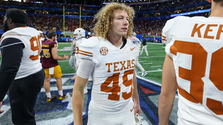 Jan 1, 2025; Atlanta, GA, USA; Texas Longhorns place kicker Bert Auburn (45) after a victory over the Arizona State Sun Devils in the Peach Bowl at Mercedes-Benz Stadium. Mandatory Credit: Brett Davis-Imagn Images
