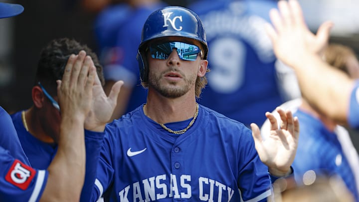 Jun 8, 2025; Chicago, Illinois, USA; Kansas City Royals outfielder Drew Waters (8) celebrates with teammates in the dugout after scoring against the Chicago White Sox during the seventh inning at Rate Field. Mandatory Credit: Kamil Krzaczynski-Imagn Images Jun 8, 2025; Chicago, Illinois, USA; Kansas City Royals outfielder Drew Waters (8) celebrates with teammates in the dugout after scoring against the Chicago White Sox during the seventh inning at Rate Field. Mandatory Credit: Kamil Krzaczynski-Imagn Images