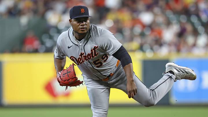 Jun 16, 2026; Houston, Texas, USA; Detroit Tigers starting pitcher Framber Valdez (59) delivers a pitch during the second inning against the Houston Astros at Daikin Park. Mandatory Credit: Troy Taormina-Imagn Images