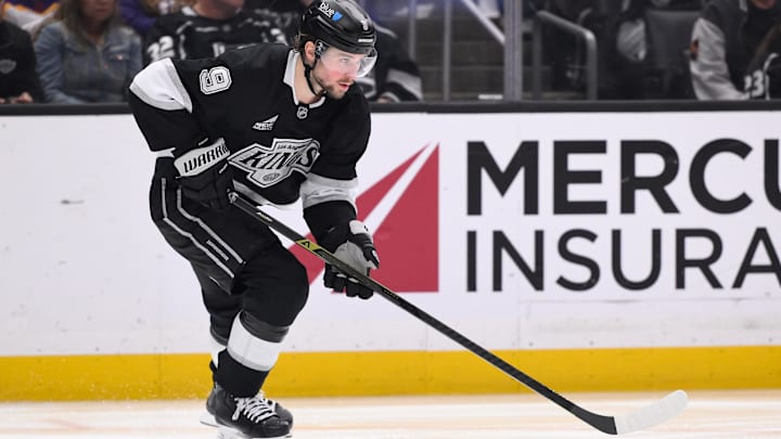 Apr 5, 2025; Los Angeles, California, USA; Los Angeles Kings right wing Adrian Kempe (9) during an NHL game against the Edmonton Oilers at Crypto.com Arena. Mandatory Credit: Robert Hanashiro-Imagn Images