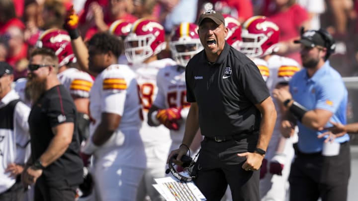 Oct 4, 2025; Cincinnati, Ohio, USA;  Iowa State Cyclones head coach Matt Campbell reacts from the sideline against the Cincinnati Bearcats in the second half at Nippert Stadium. 