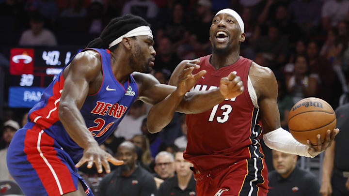 Mar 8, 2026; Miami, Florida, USA;  Detroit Pistons forward Isaiah Stewart (28) fouls Miami Heat center Bam Adebayo (13) during the first half at Kaseya Center. Mandatory Credit: Rhona Wise-Imagn Images