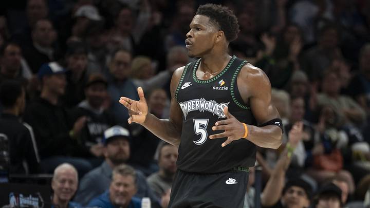 Mar 3, 2026; Minneapolis, Minnesota, USA; Minnesota Timberwolves guard Anthony Edwards (5) celebrates after a three point basket against the Memphis Grizzlies in the second half at Target Center.