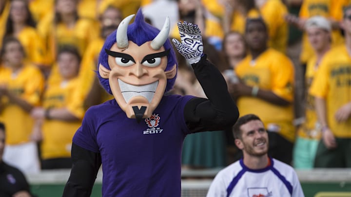 Sep 2, 2016; Waco, TX, USA; The Northwestern State Demons mascot waves to the video camera during the game between the Baylor Bears and the Demons at McLane Stadium. The Bears defeat the Demons 55-7. Mandatory Credit: Jerome Miron-Imagn Images