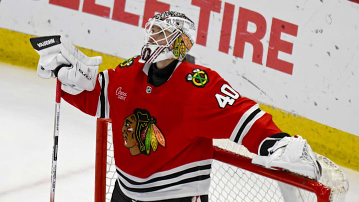 Mar 30, 2025; Chicago, Illinois, USA;  Chicago Blackhawks goaltender Arvid Soderblom (40) looks on after the Utah Hockey Club scored their fifth goal during the third period at United Center. Mandatory Credit: Matt Marton-Imagn Images