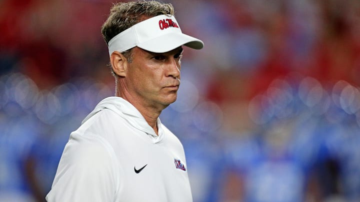 Mississippi Rebels head coach Lane Kiffin looks on during warm ups prior to the game against the Florida Gators at Vaught-Hemingway Stadium. Mississippi Rebels head coach Lane Kiffin looks on during warm ups prior to the game against the Florida Gators at Vaught-Hemingway Stadium.
